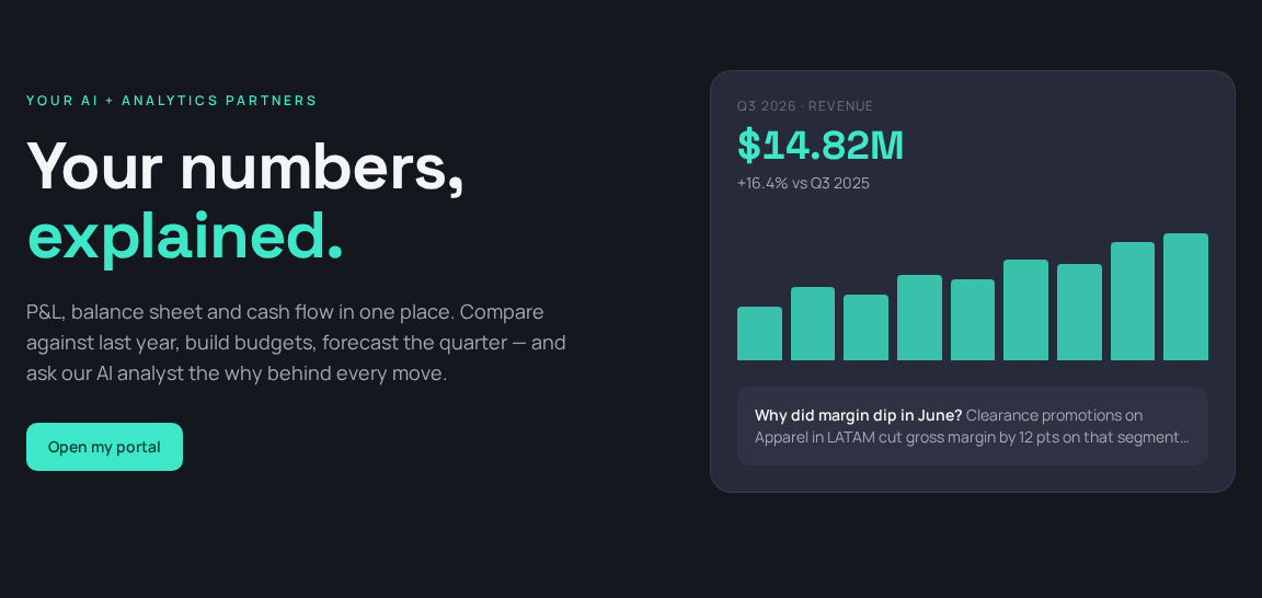 Actual Insight Portal public preview showing sample revenue and financial analysis